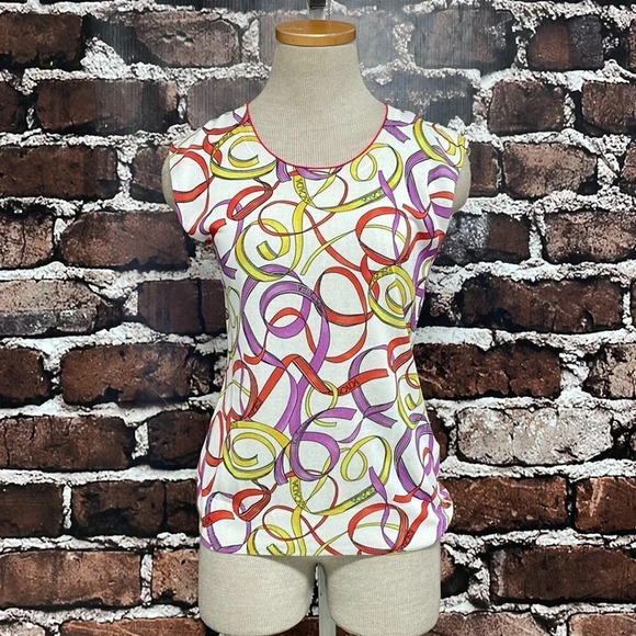 Escada Sport Top Ribbon Print Shirt Knit Open White Colorful Size Small S - Picture 5 of 17